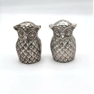 Vintage Owl Salt and Pepper Shakers Set, Silver Tone Metal Figural Kitchen Decor